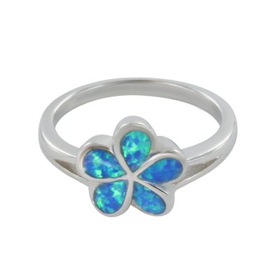 Zilveren ring met blauw opaal - Plumeria bloem - 16,5 mm / maat 53 - 2,9 gram